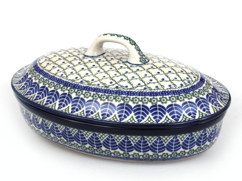 Oval Baking Dish with Lid 31 cm (12")   Blue Leaves