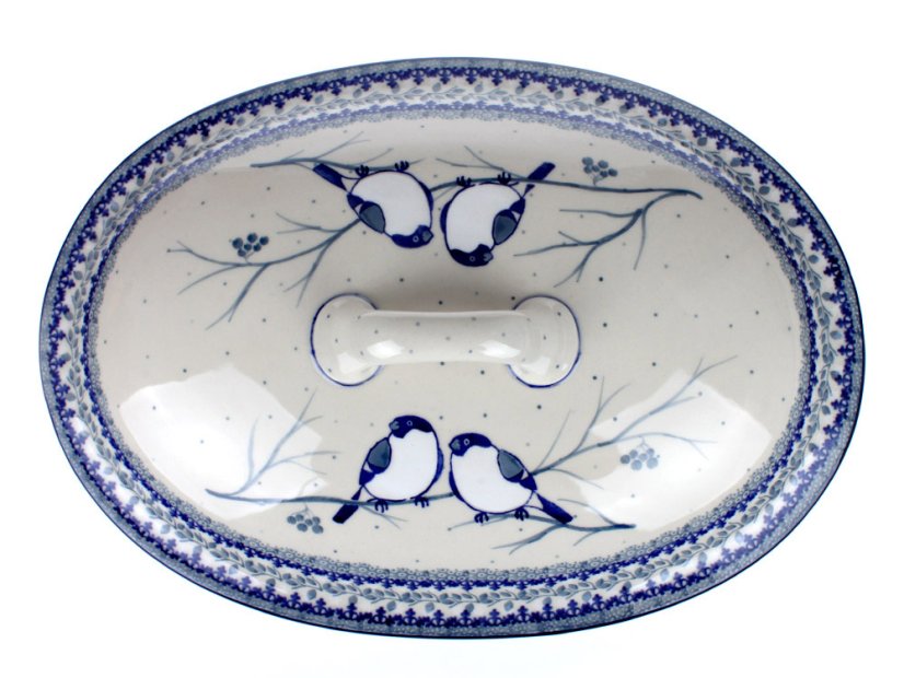 Backform mit Deckel Oval 36 cm   Meisen im Winter UNIKAT