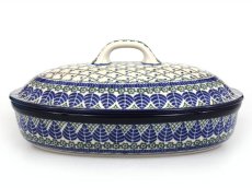 Oval Baking Dish with Lid 31 cm (12") Blue Leaves
