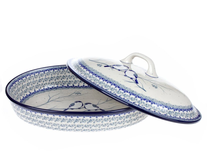 Backform mit Deckel Oval 36 cm   Meisen im Winter UNIKAT