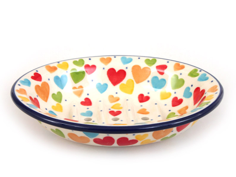 Soap Dish with Holes 14 cm (6")   Colorful Hearts UNIKAT