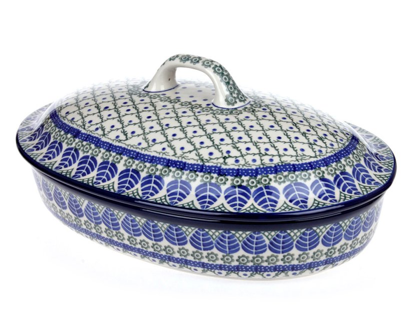 Oval Baking Dish with Lid 36 cm (14")   Blue Leaves
