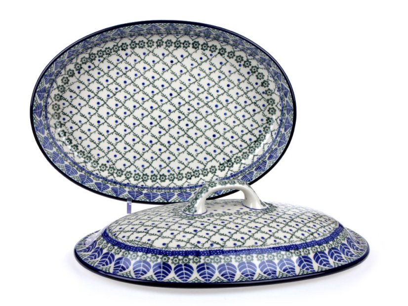 Oval Baking Dish with Lid 36 cm (14")   Blue Leaves