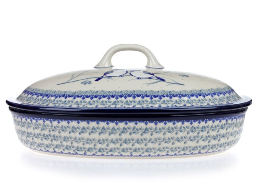 Backform mit Deckel Oval 36 cm   Meisen im Winter UNIKAT