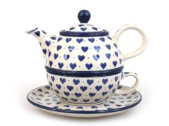 Teekanne & Tasse mit Untertasse 0,6+0,25 l   Blaue Herzchen