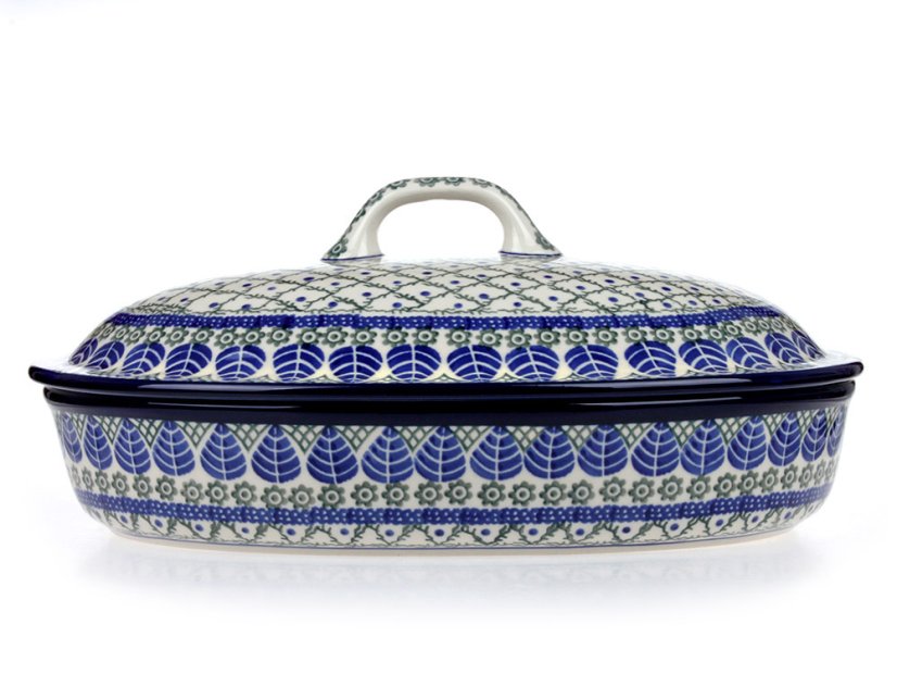 Oval Baking Dish with Lid 36 cm (14")   Blue Leaves