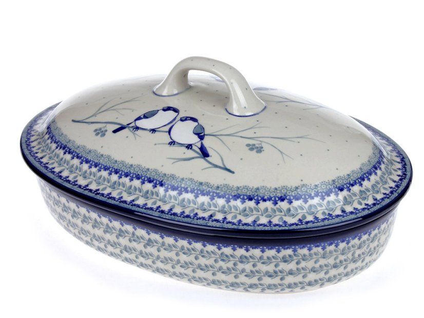 Backform mit Deckel Oval 36 cm   Meisen im Winter UNIKAT