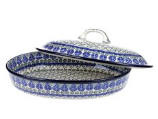 Oval Baking Dish with Lid 36 cm (14") Blue Leaves