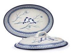 Backform mit Deckel Oval 36 cm   Meisen im Winter UNIKAT