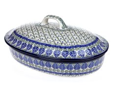 Oval Baking Dish with Lid 36 cm (14") Blue Leaves