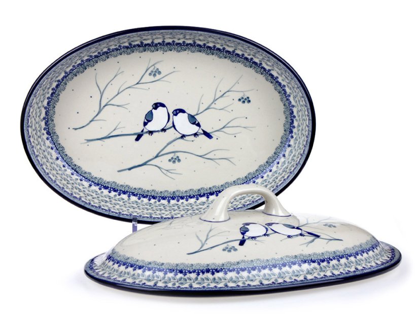 Backform mit Deckel Oval 36 cm   Meisen im Winter UNIKAT